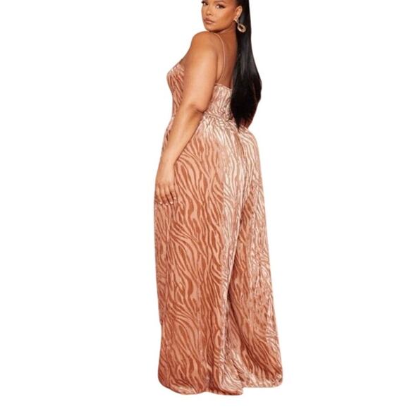 Pretty Little Thing Mocha Burnout Zebra Devore Cup Wide Leg Jumpsuit Sz 22 NEW - Picture 2 of 15